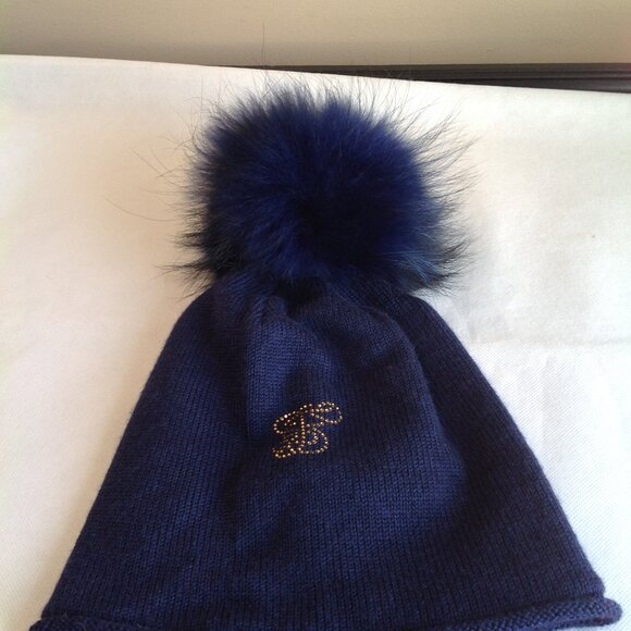 Lindo F Dark Blue Rhinestone Logo Merino Wool Real Fur Pom Pom Hat main image 4
